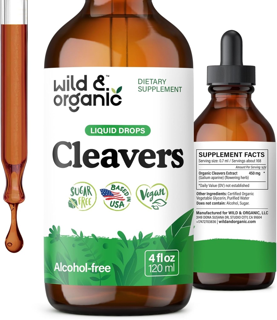 Wild & Organic Cleavers Tincture - Cleavers 허브가있는 초본 Detox 드롭 - 갈륨 아파린 잎 추출물 보충 - Vegan, Sugar & Alcohol-Free - 4 fl oz