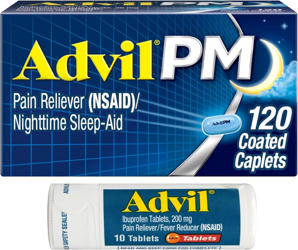 Advil PM Reliever Pain and Nighttime Sleep Aid, Ibuprofen for Pain Relief and Difenhydramine Citrate for a Seep Aid - 120 Coated Caplets and Pain Reliever and Fever Reliever, 10 Count Tablets