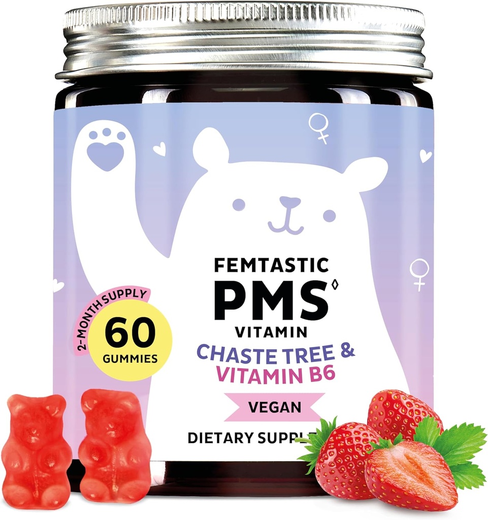 PMS Ondersteuning Supplement voor Vrouwen. Menstruele Relief Gummies richten op Hormonale Breakouts, Bloating, Periode Krampen, & Mood Swings. Veganistisch, met vitamine B6 & Citroenbalsem, 60 Gummies