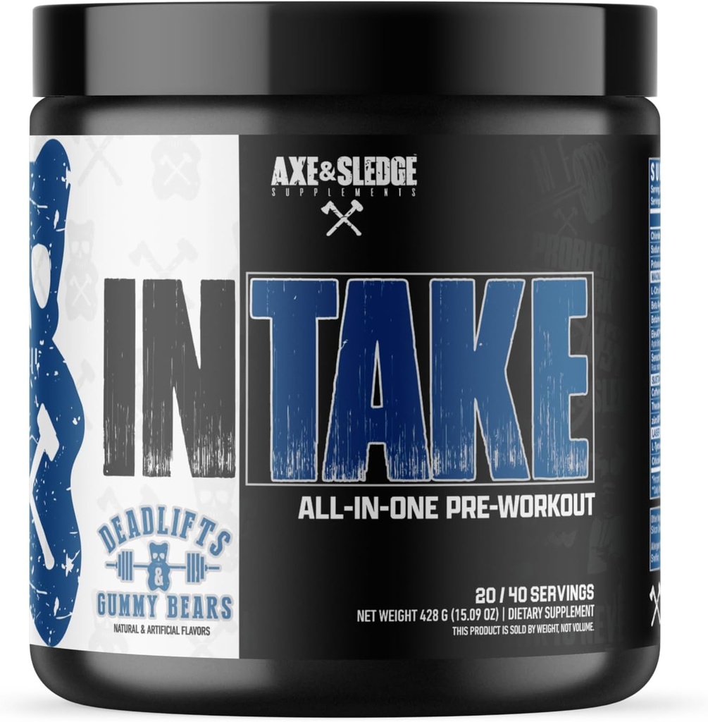 Axe & Sledge Intake All-in-One Pre-Workout    , 300mg Cafeína , L-Citrulina, Beta Alanine, Betaína para Desempenho e Foco , Pré-Trabalho para Homens e Mulheres , 20/40 Servings, Deadlifts & Gummy Bears