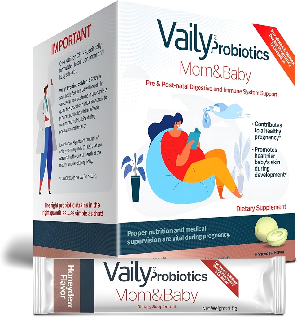 Vaily Mom & Baby Probiotic - Post & Prenatal Vitamins Probiotics Powder for Women - Strengthens Immune System & Digestive Health, Healthy Baby Skin - Prenatal Essentials, Easy Digestion - 30 Sticks