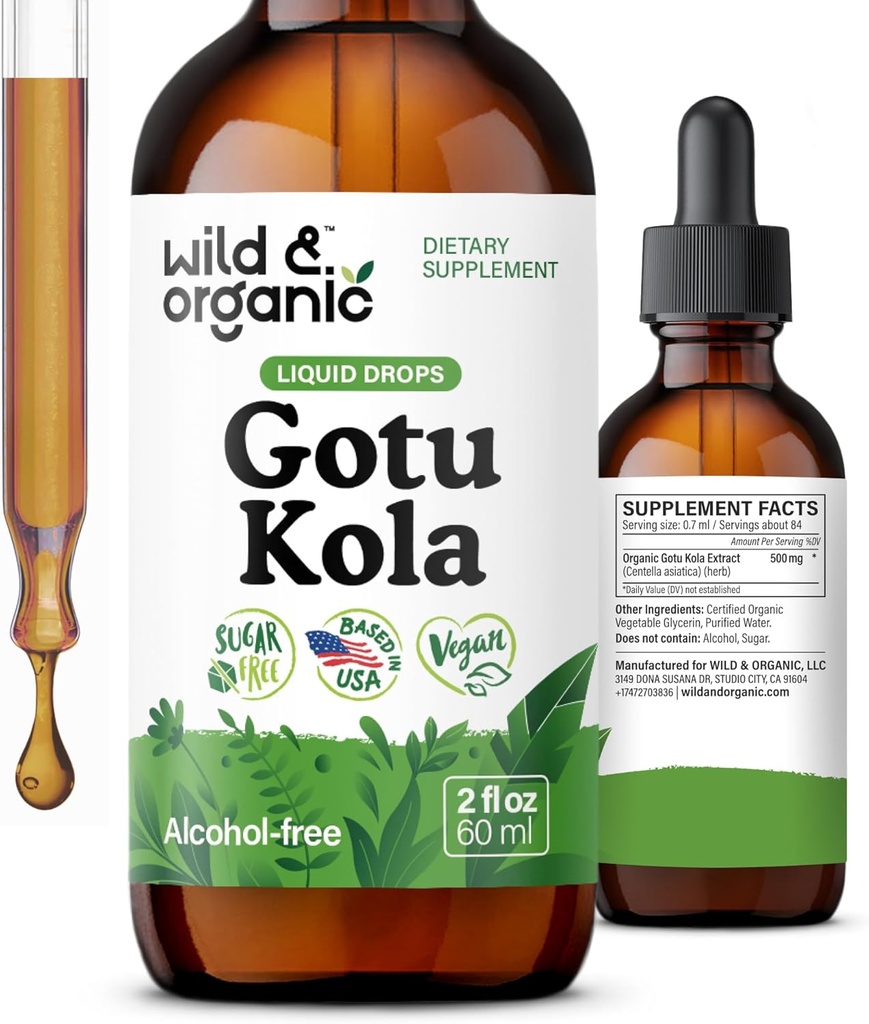 Wild & Organic Gotu Kola Herb Tincture - Smegenų palaikymas - Gotu Kola Skystas ekstraktas lašai - Veganas, Cukrus & alkoholiai - Free Centella Asiatica Priedas - 2 fl oz