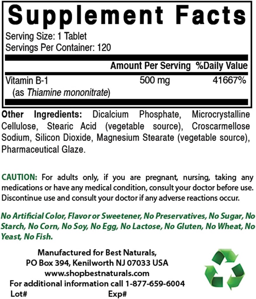 Best Naturals Vitamine B1 als Thiamine Mononitraat 500 mg & Vitamine B2 (Riboflavine) 400 mg