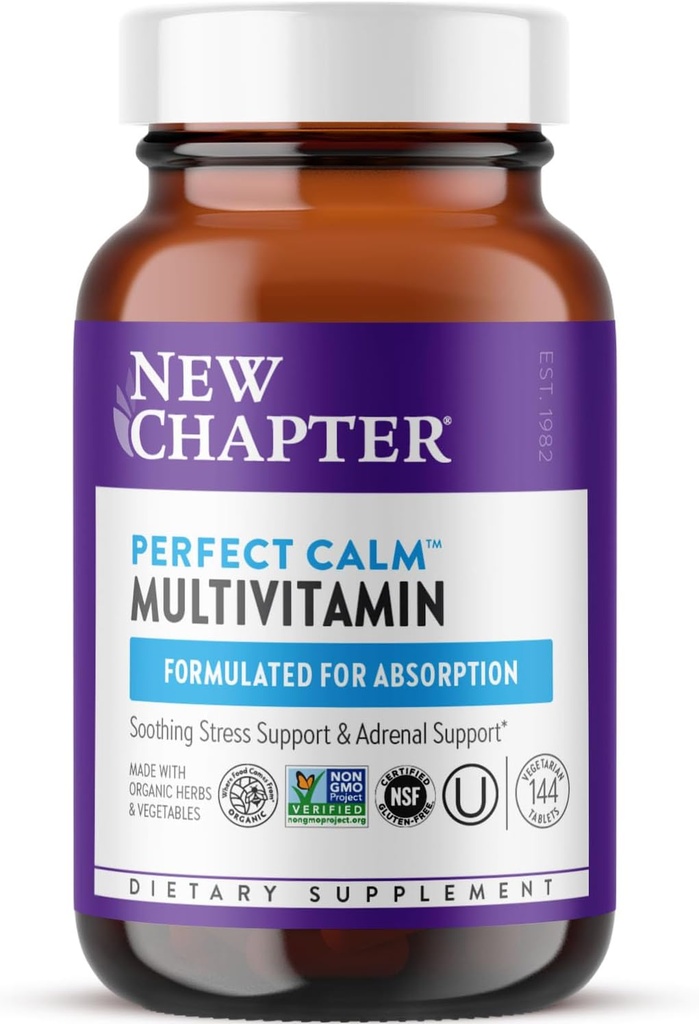 Novo capítulo Perfect Calm - Multivitamínico diario para estrés e soporte de humor con vitaminas B + Holy Basil + Lemon Balm + ingredientes orgánicos non-GMO - 144 Conde
