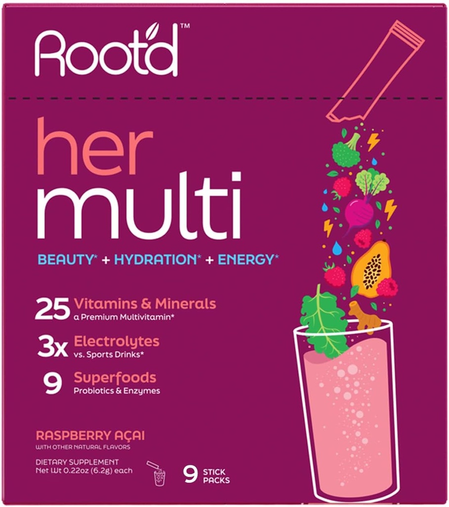 Root'd Multivitamin Powder för kvinnor - 25 Vitaminer & Mineraler med 3X Electrolytes, 9 Organiska Superfoods, Probiotika & Enzymer, Sugar-Free Multivitamin & Hydration | 9 Vitamin Drink Mix Packets