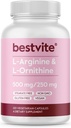 BESTVITE L-arginín L-ornitín 500-250 (120 Vegetariánske kapsuly) - žiadne stearáty - žiadne výplne - Vegan - Non GMO - bez lepidla - bez vápnika