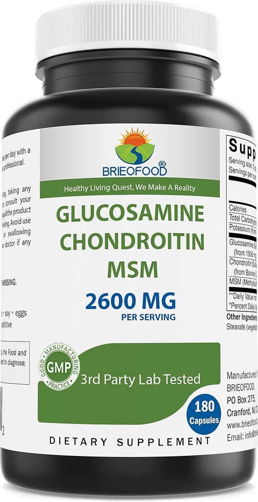 Brieofood Tripla Forza Glucosamine Chondroitin MSM 2600mg / CapsulesServing, apoia conxuntos saudables, cartilaxe e tecidos conectivos - promove o confort conxunto e flexibilidade 180 Conde