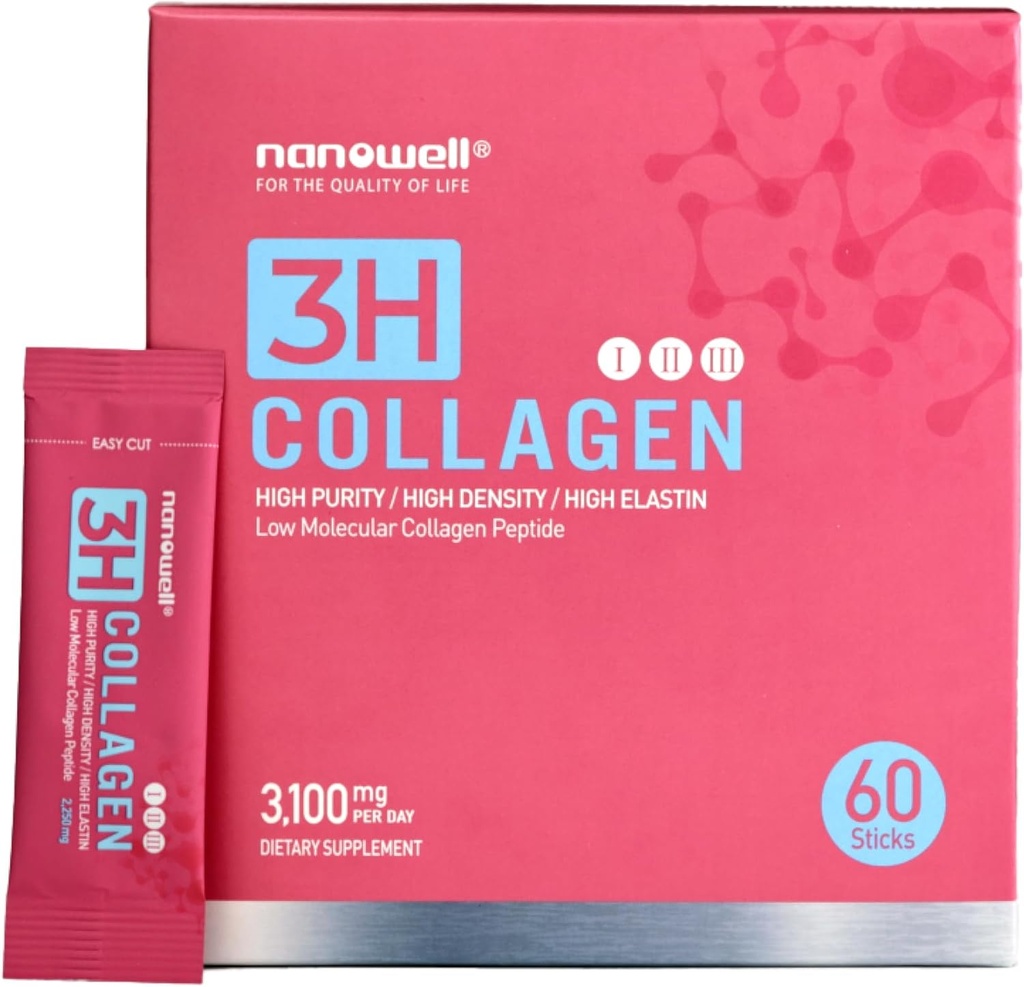 NANOWELL 3H Collagen Peptide Polvere - Tipi I, II, & III con vitamina C, Peptide elastin idrolizzato e acido ialuronico - Supporta capelli, pelle, unghie, giunti e ossa - 60 Sticks, 30 giorni di alimentazione