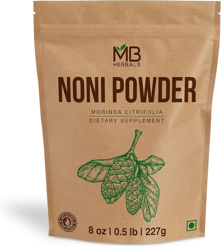 MB Ārstniecības augi Noni pulveris 8 un 227 g (0,5 lb) ; Viegli sajauc ar Gludumu sulām; bez konservantiem; 45 paciņā.