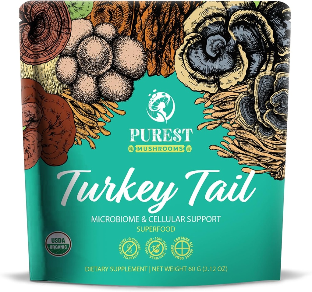 Turkey Tail Powder - Organic Mushroom Supplement with Powerful Turkey Tail Mushroom Extract for Microbiome & Cellular Support 60g