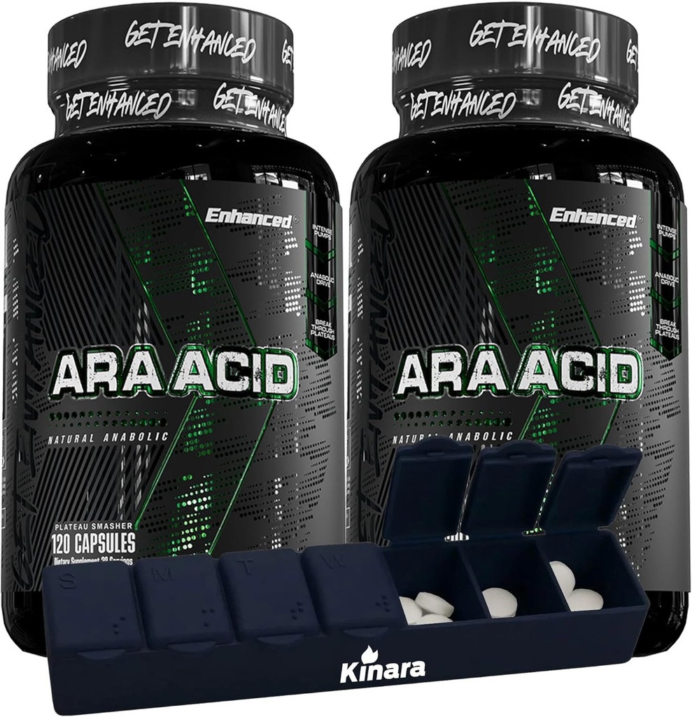 Enhanced Atlete - Arachidonic Acid Supplement - spier- en krachtsupplement voor verhoogde spiermassa en verbeterd herstel voor mannen en vrouwen (120 capsules) - 2 Pack met Kinara Pill Organizer