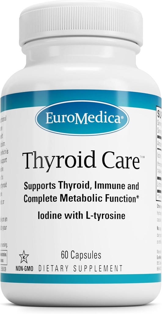 EuroMedica Thyroid Care - Immune Health & Energy Support Formula - Suplemento nutricional con Iodine para o apoio á saúde tiroides - Suplemento de benestar con L-Tyrosine - 60 cápsulas