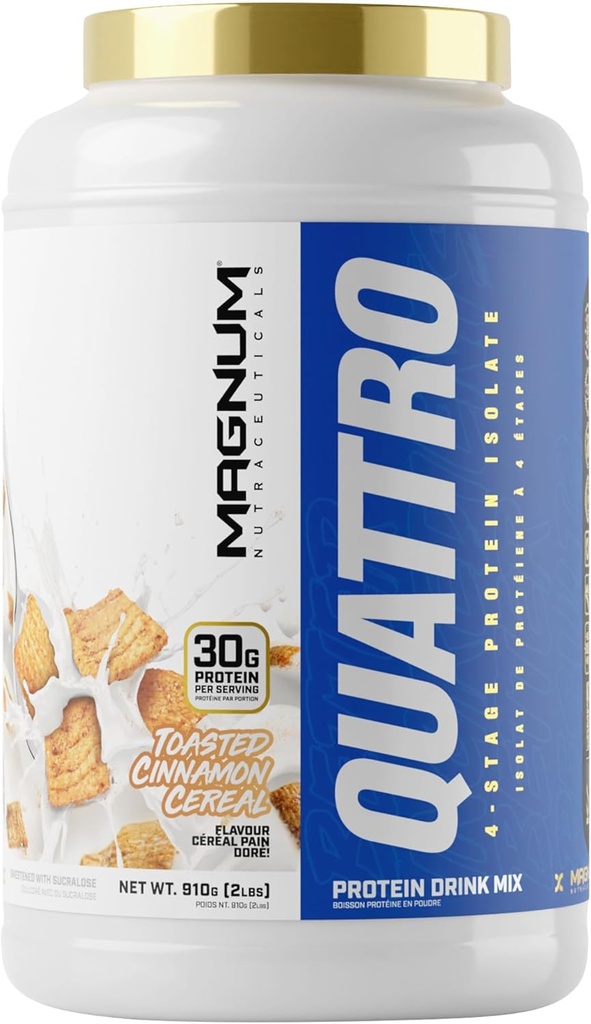 QUATTRO Magnum Nutraceuticals Proszek białkowy serwatki, Tosty Cynamon Cereal 2lb - Premium Mieszanka izolatu białka do wzrostu i odzysku mięśni