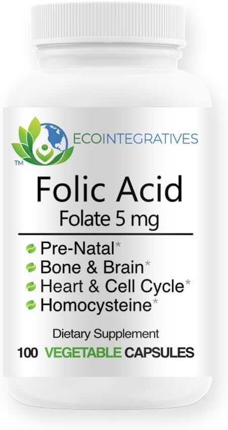 Folic Acid Folate 5mg (B9) Prenatal, Reproductive Health, Homocysteine, Metabolism, Cardiovascular, Bone, Immune Support, Allergen Free, Non GMO - 100 קפסולות טבעוניות