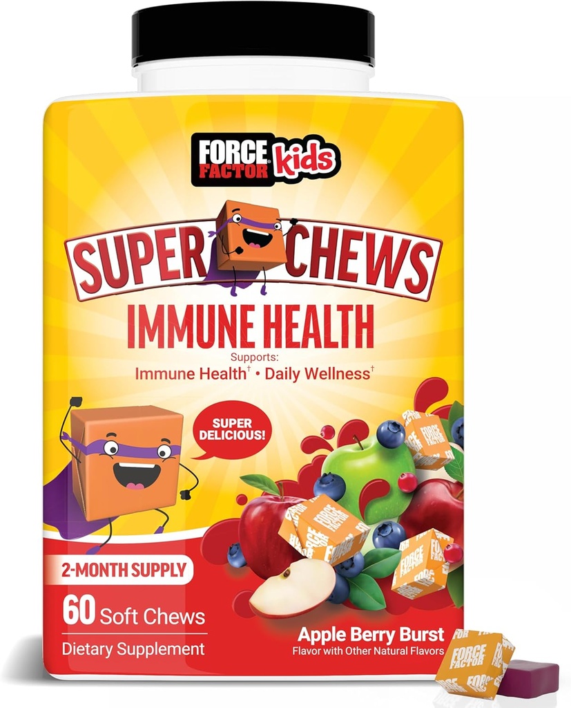 FORCE FACTOR Kids Immune Health Super Chews, Kids Immune Support Supplement con vitamina D para nenos, Oldberry, Vitamin C, & Zinc, Oferta de 2Month, Non-GMO, Apple Berry Flavor, 60 Soft Chews