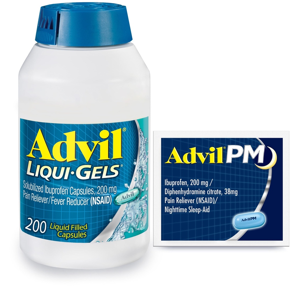 Advil Liqui-Gels Pain Reliever and Fever Reducer, Pain Medicine for Adults with Ibuprofen 200mg for Headache, Backache, Menstrual Pain and Joint Pain Relief - 200 Capsules, Advil PM Ibuprofen - 2 Ct