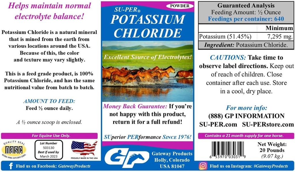 SU-PER Chlorid draselný Koně Electrolyte Dodatek - Pomáhá udržovat normální rovnováhu elektrolytů - 20 liber, 21 Měsíce Dodávka
