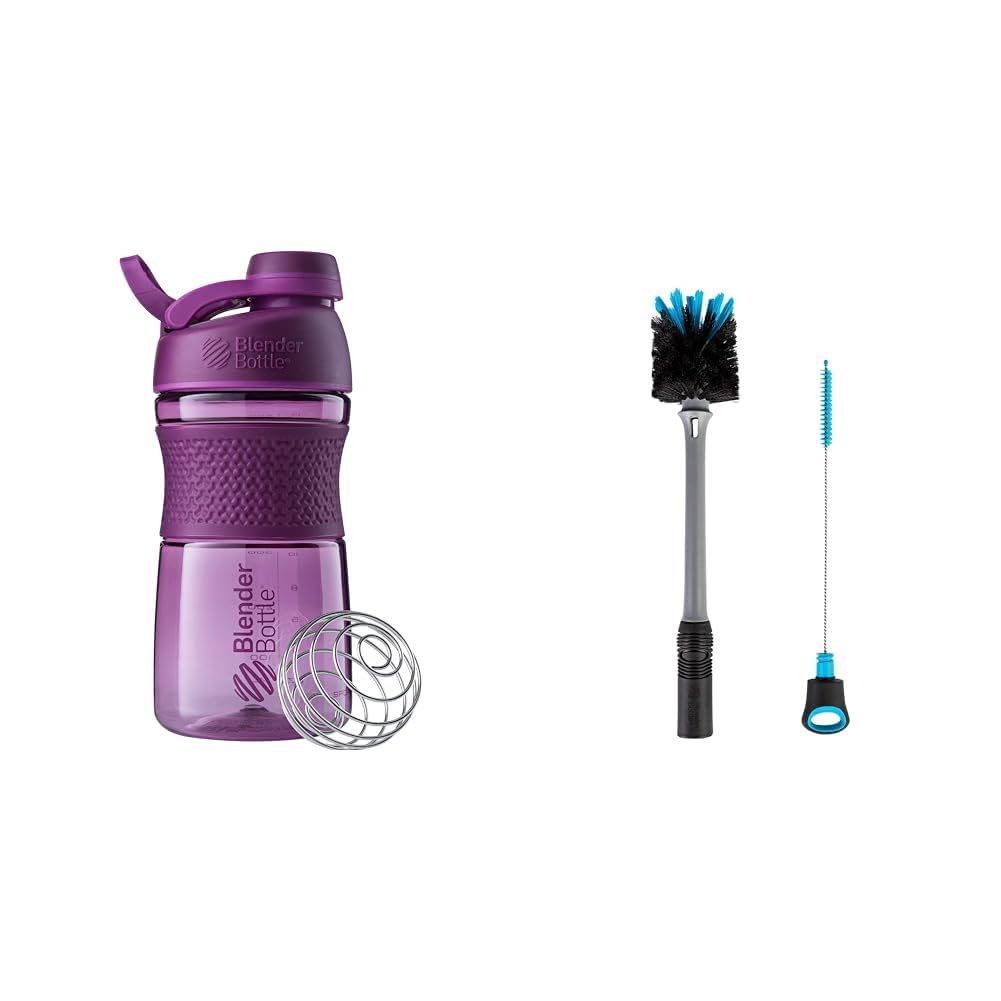 BlenderBottle SportMixer Shaker Bottle Perfect for Protein Shakes and Pre Workout, 20-Ounce, Plum & 2-in-1 Shaker Bottle and Straw Cleaning Brush, 1 Pack,Gray