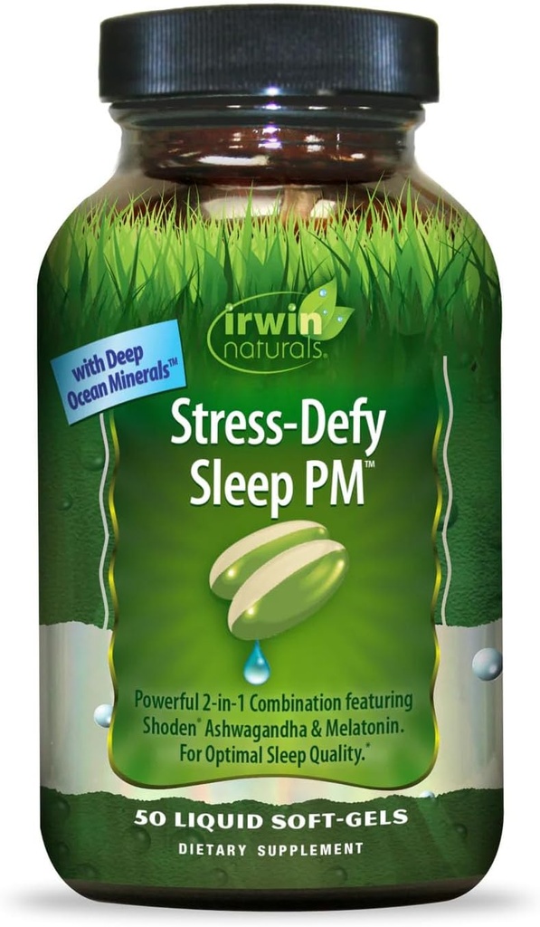 Irwin Naturals Stress-Defy Sleep PM - 50 Liquid Soft-Gels - poderosa combinação 2-em-1 com Ashwagandha & Melatonina - 25 Servings