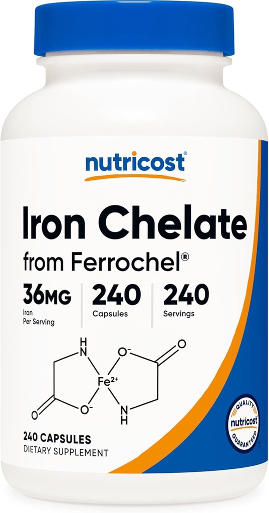 Nutricost Helated Iron, As Ferrochel, 36mg, 240 Kapsulas