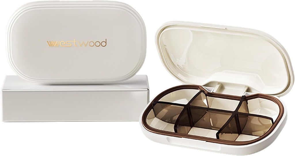 Kompaktní malý bílý pilulkový organizátor, 6 Compartments, Stylové roztomilý cestovní pilulka box Holder Denní Medicine Pouzdro Kontejner, Přenosný do skladu vitamíny, léky a doplňky