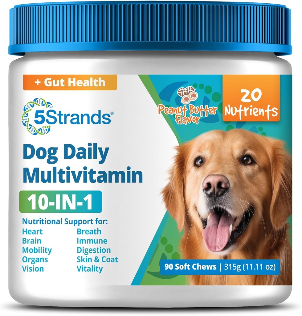 5Strands Dog Multivitamin Chews, 10-em-1, Vitaminas e Postbióticos, Todas as Idades & Raças - Digestão, Cérebro, Órgãos, Coração, Mobilidade, Visão, Pele & Revestimento, Imunidade - Suplemento de cão (Manteiga de Peanut, 90ct)