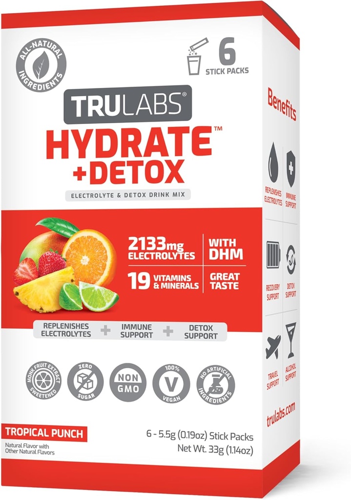 TRULABS Hydrate + Detox - Tropical Punch. Electroliti de zahar Free Hidratare Pachete. Fiecare servire conține 1422 mg de Electroliți &19 Vitamine și Minerale & DHM (6ct)