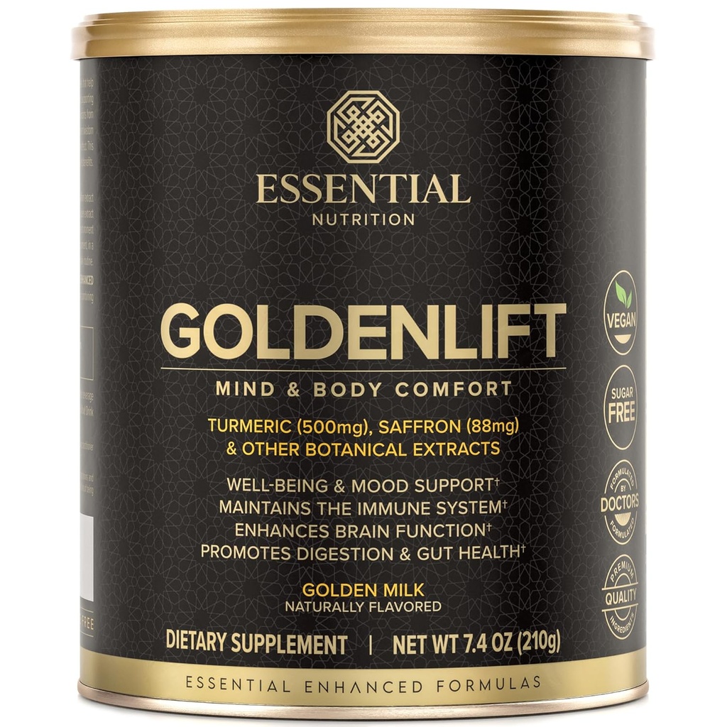 Essential Nutrition Golden Lift - Golden Milk Supplement - Vegan - With Turmeric, Saffron, Cinnamon, Cayenne & Black pepper Standardized Extracts - Mind & Body Comfort - 7.4 oz (30 Servings)