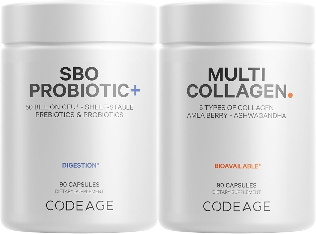 Cápsulas de proteína multicolaxe 5 tipos, Ashwagandha Withania Somnifera & Organic Amla Berry + SBO Probiotic Blend 50 Billion CFU Bundle, Lactobacillus Plantarum, Bacillus Subtilis, Non-GMO