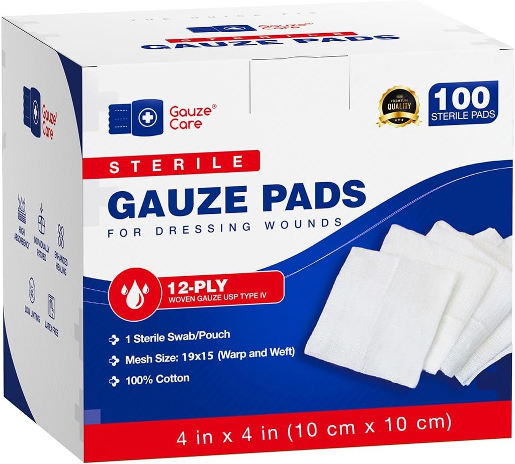 100pc lớn Sterile Gauze Pads 4x4 Sterile for Bulk - 12ply Woven Gauze Songes 4x4 Sterile - USP IV Mesh 4x4 Gauze Pads Sterile cho tăng cường sự hỗ trợ - y học đầu tiên