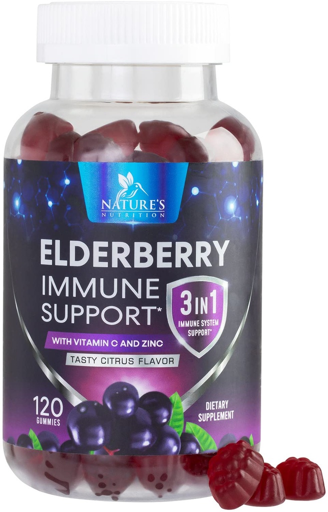 Elderberry Gummies - 3X Strength Black Elderberry Immune Support Gummy with Vitamin C, D3 and Zinc for Kids & Adults, Immune Health Support Supplement Gummy, Black Elder Berry Vitamins - 120 Gummies