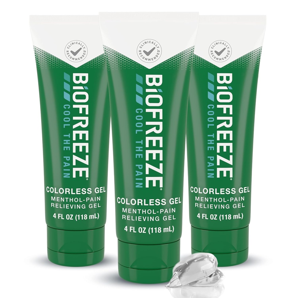 Biofreeze Pain Relief Gel põlvedele, kaelale, puusadele, liigestele, õlale ja lihtsale seljavalule, artriidi valu leevendamiseks, valu lihaste leevendamiseks, värvitu mentool Gel 4 Fl Oz (pakk 3)