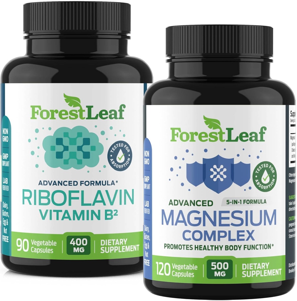 ForestLeaf Riboflavină & Magneziu Suplimentul de Migrenă - Riboflavin 400mg pentru Relief de Cefalee - Ultimate Magneziu Bundle cu vitamina B2 400mg pentru Migrenă Capsule de relief