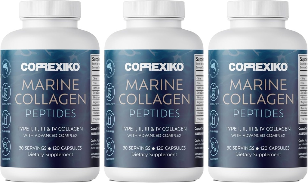 CORREXIKO Marine Collagen 补充药 - 1800mg 水解Collagen Peptides / 配有添加的Hyaluronic酸,维生素C和矿物 - 用于头发,皮肤和钉子 - 360 Capsules 3个月供应