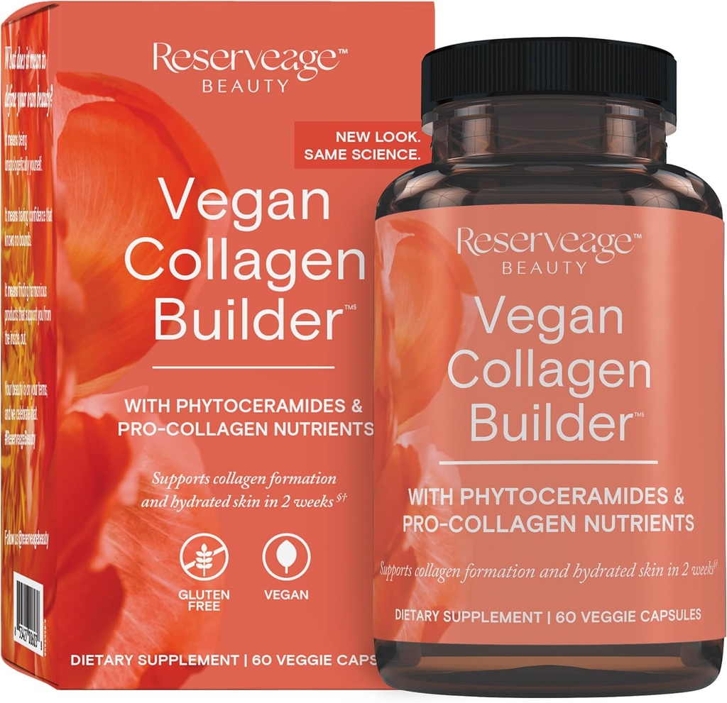 Reserveage Beauty Vegan Builder - PLM - Plant - Based Collagen Booster for Glowing Skin - Vitamin C Suplemen Hidrated Skin - Gluten Free - 60 Vevgie Capsules (30 Servilies)