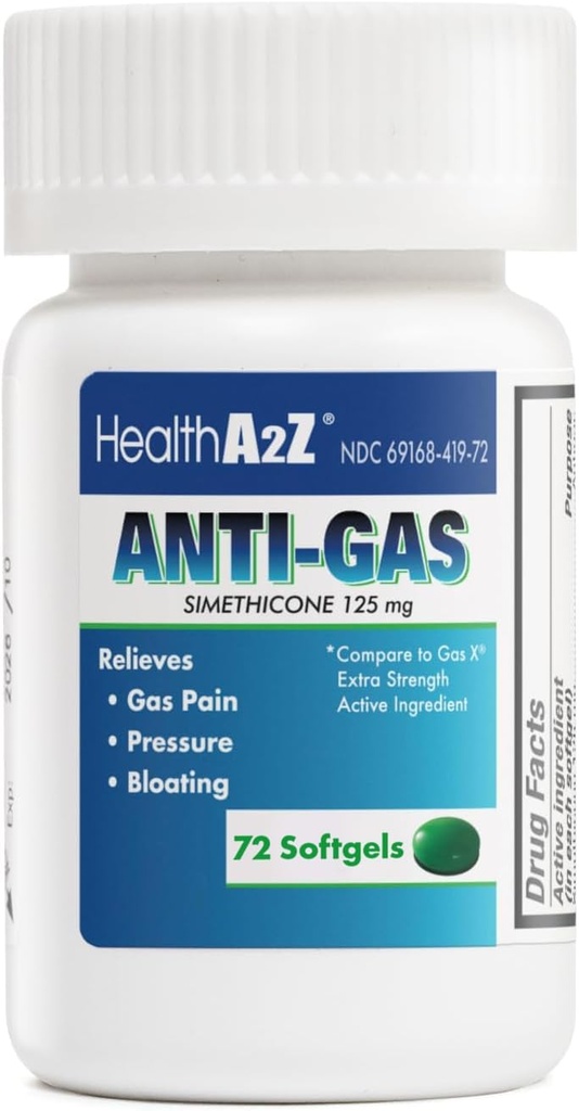 HealthA2Z® Gas Relief Simethicone - 125mg - Reliefs from Gastle Discomfort and Gas - Anti Flatworth - Relieves Gas Fast and Bloating (72 броя)