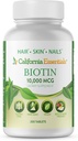 California Basitures Biotin 10000mcg 维生素B7 推广健康皮肤,头发和钉子生长 – 男女高概率饮食补充 – 非GMO, Vegan, Gluten & Dairy Free (200片)