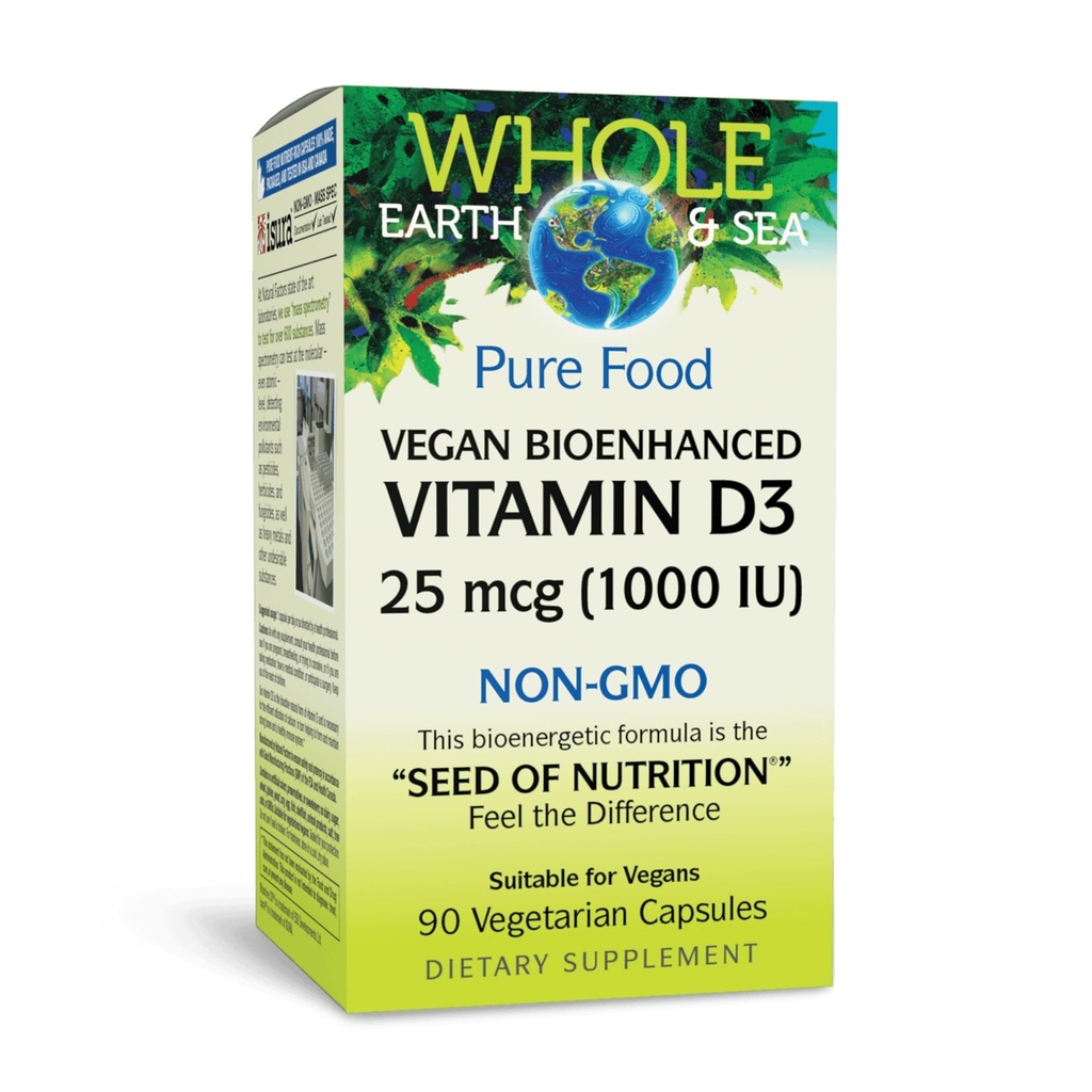 Natural Factors Whole Earth & Sea Vitamin D3 - Dietary Supplement Supports Strong Bones & Joints - Aids Calcium Absorption - Vegan & Non-GMO - 90 Vegetarian Capsules (90 Servings)