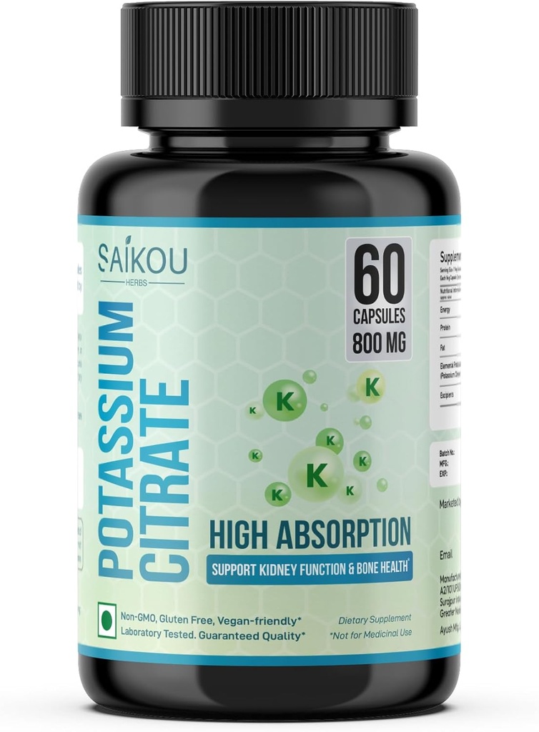 Potassium Citrate 800 מ"ג גבוה Absorption Potassium תוסף - 60 משרתים תומכים אלקטרוליטזון - טהור ופוטנטי