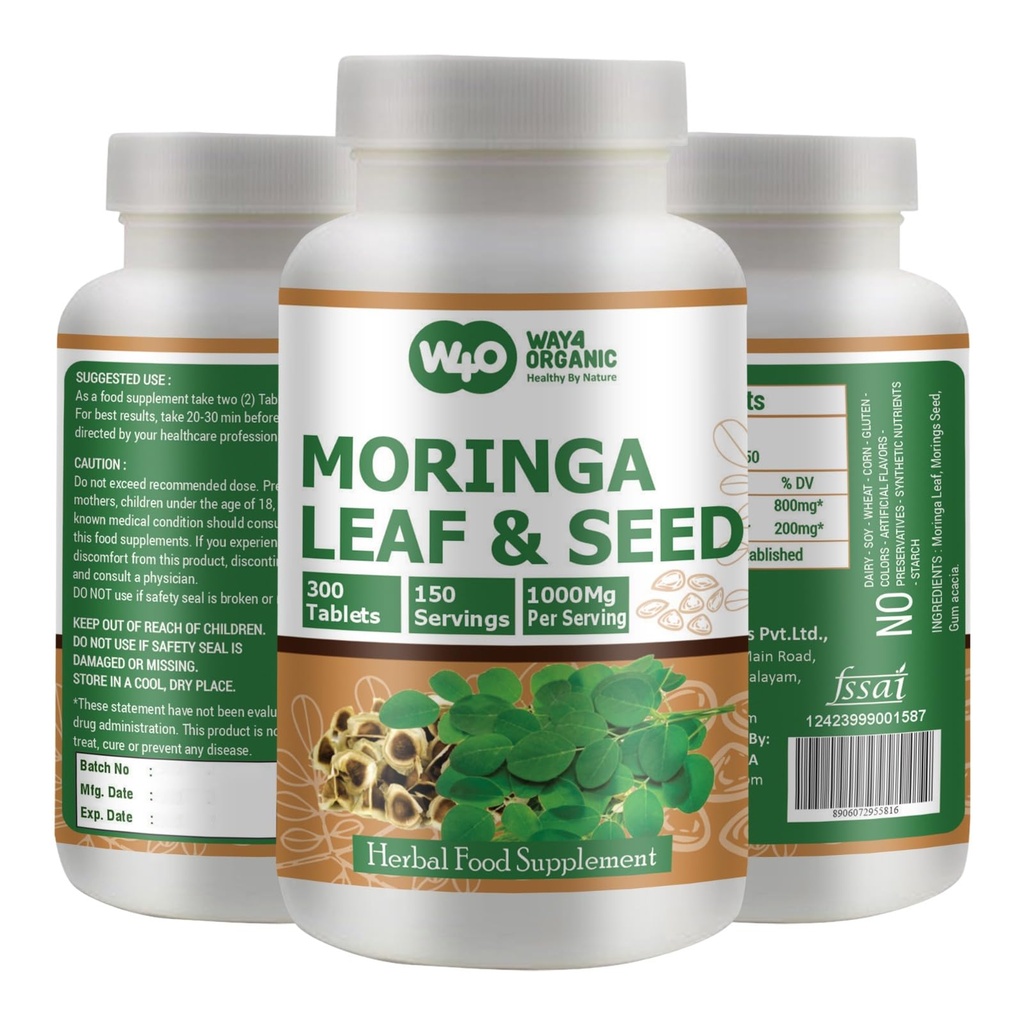 Moringa Oleifera Leaf and Seed Powder (80:20) Ratio 300 Pills(Tablets), 150 Servings, 1000 mg. Uncoated Malunggay Herbal Supplement, No Chemical Coating, Green Superfood. Pack of 1.