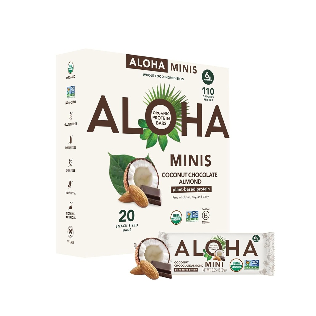 ALOHA Organic Plant Based Protein Bar MINIS="Coconut Chocolate Almond=" 20 Compte, 24g Bars=" Vegan, faible sucre, sans gluten, Paléo, faible glucides, non-OGM, sans Stevia, sans soja, sans alcools de sucre