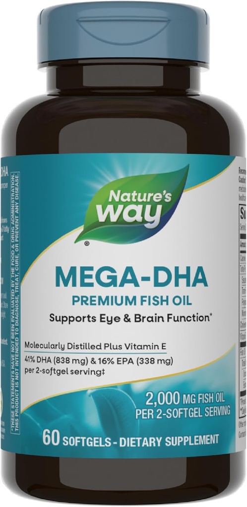 Natura's Way Mega-DHA Premium Fish Oil, Supports Eye and Brain Function*, Omega-3, 2.000 Fish Oil mg per 2-Softgel Serving, 60 Softgels (Packaging May Vary)
