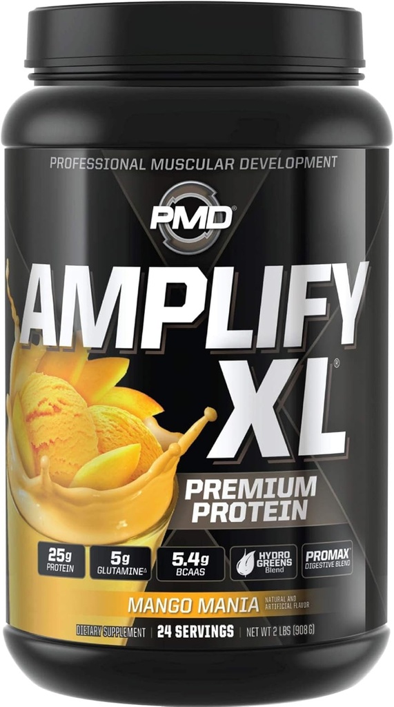 PMD Sports Amplify XL Premium Whey Protein Supplement Hydro Green Blend - Glutamin og Whey Protein Matrix med superfood til muskel, styrke og inddrivelse - Mango Mania (24 Servere)