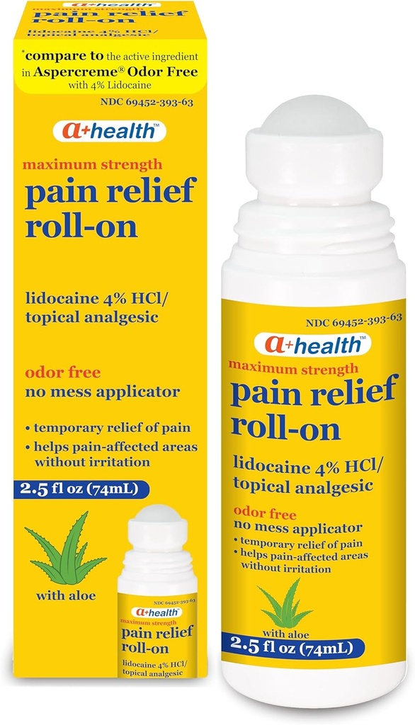 A+Health Pain Relief Roll-On Liquid, Lidocaine 4%, Odor Free, Maximum Strength Pain + Itch Relief with Aloe, Made in USA, 2.5 fl Ounces