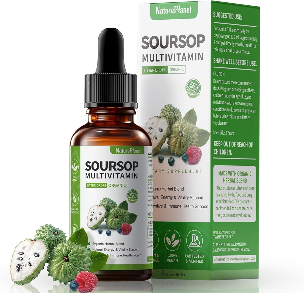 Graviola Soursop Bitters Liquid Drops with Vitamin C, D3, B6, 5000mg Soursop Fruit & Leaf Extract + 10 Bitters Botanicals for Immune Support Digestief Gezondheid Antioxidant Boost
