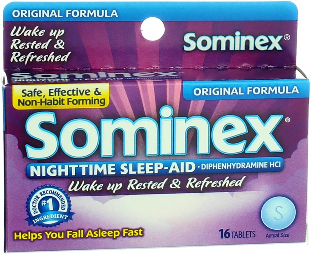 Sominex Nighttime Sleep-Aid avec Diphenhydramine HCl 25 mg, formule originale, 16 comprimés, (paquet de 1)