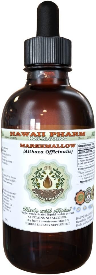 Hawaii Pharm Marshmallow Bezalkoholový tekutý extrakt, organický marshmallow (Althaea officinalis) sušený Leaf Glycerit Natural Herbal Supplement, USA 2 oz