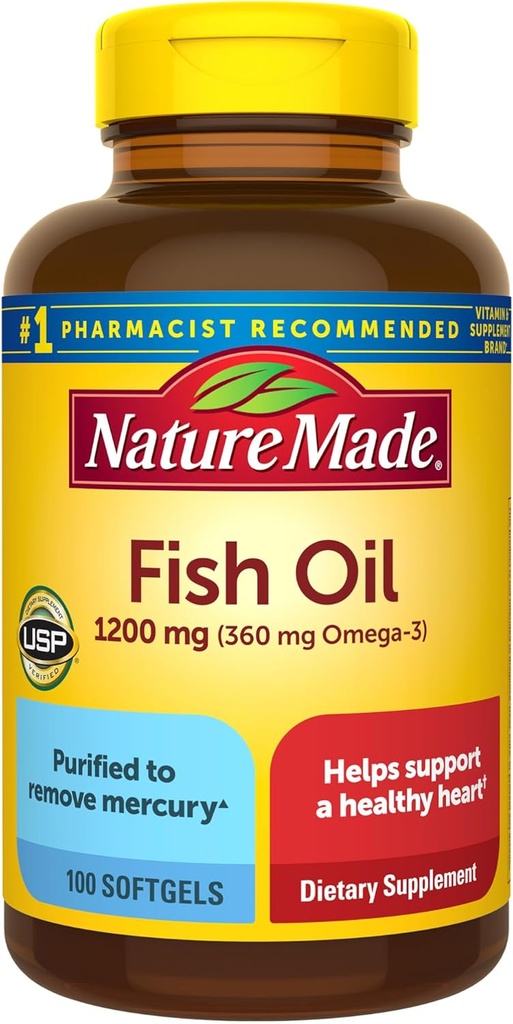 Nature Made Fish Oil Omega 3 Kosttilskud, 1200mg Softgels, Omega 3 Fish Oil for Sund Heart Support, 100 Softgels, 50 Day Supply