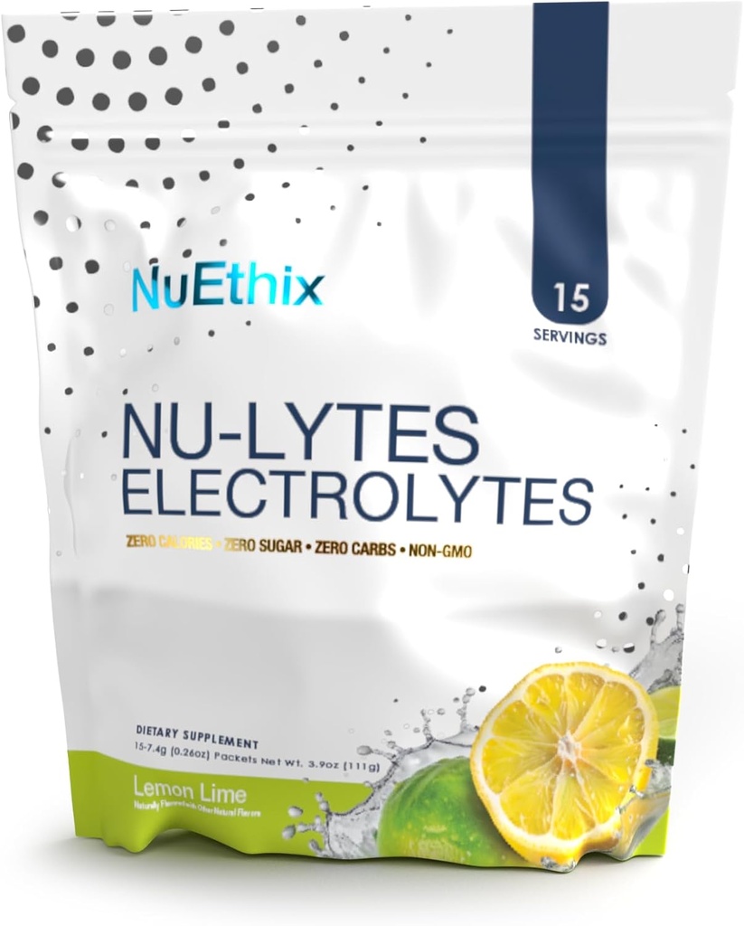 NuEthix Formuleringer NU-LYTES Electrolytes Hydration Packets, Nullkalorier, Null Sukker, Zero Carbs, Non-GMO, Electrolytes Powder Packets, Glycogen Replenishment, 15 Services (Lemon Lime)