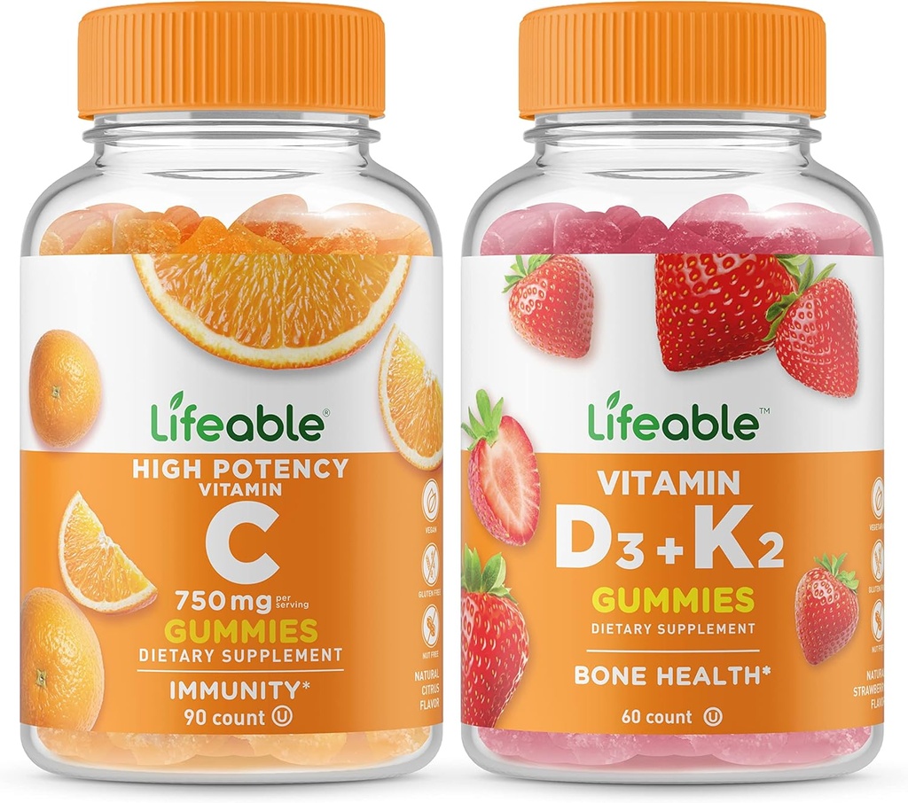 Vitamin C 750mg + Vitamin D3 + Vitamin K2, Gummies Bundle - Great Tasting, Vitamin supplement, Gluten Free, GMO Free, Chewable Gummy